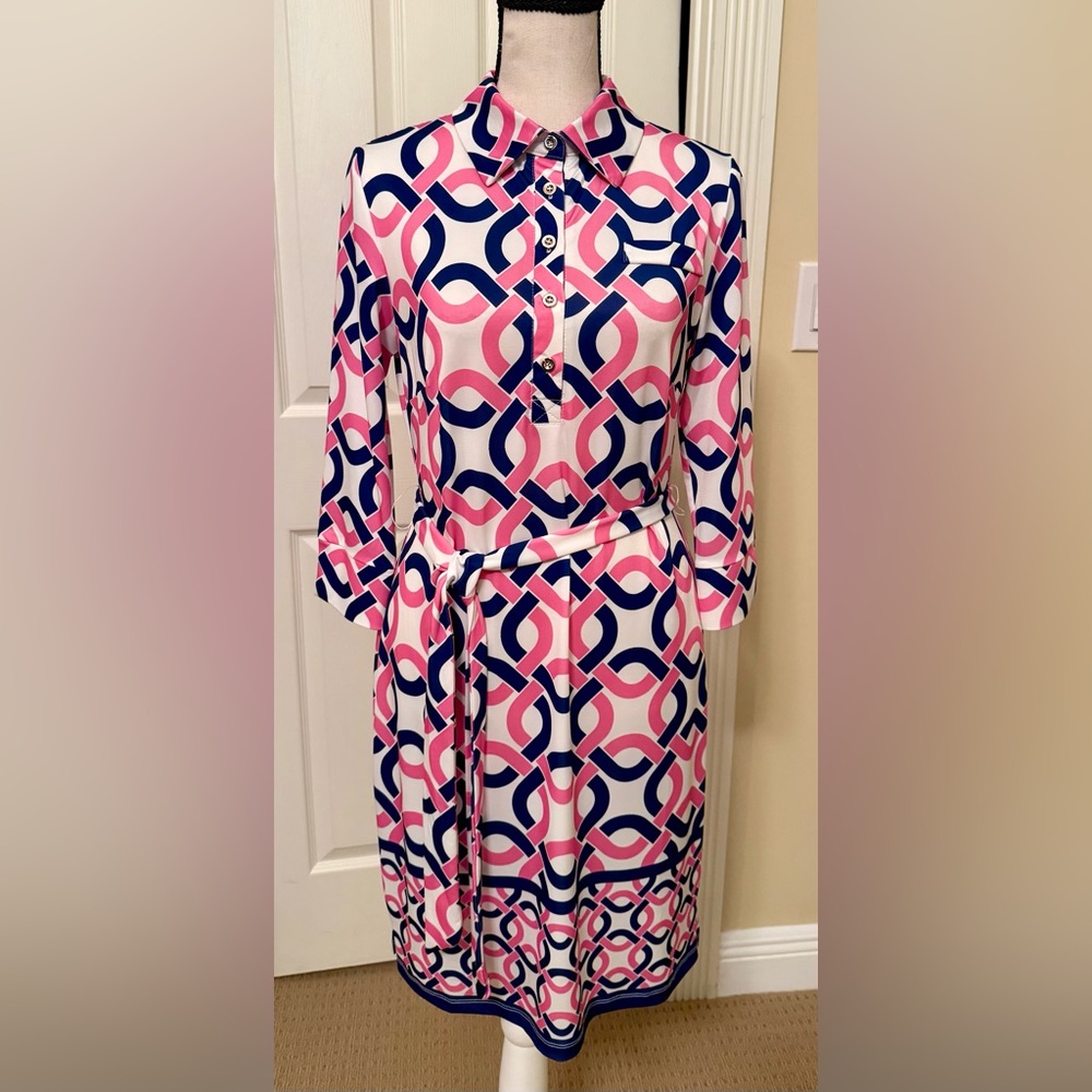 NWT Jean Pierre Klifa White Dress with Pink and Navy Geometric Print, Size XS